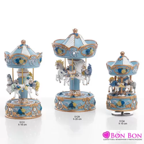 Bomboniera nascita e battesimo giostre con cavalli celeste in resina encantada Encantada - 1