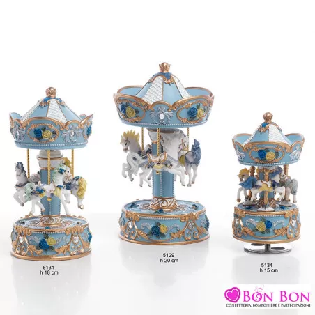 Bomboniera nascita e battesimo giostre con cavalli celeste in resina encantada Encantada - 1