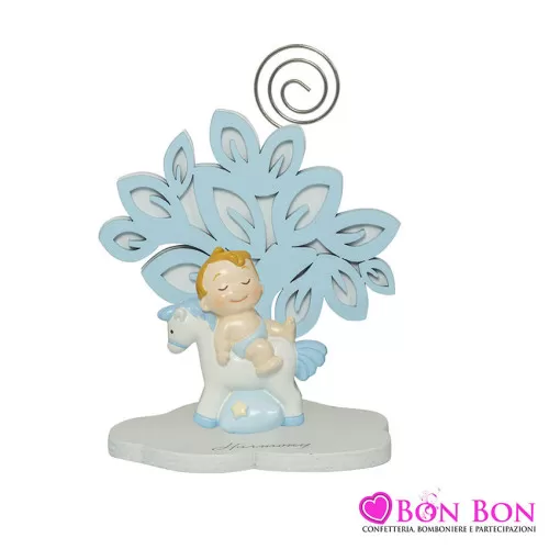 Bomboniera nascita e battesimo portafoto con clip albero della vita con bimbo celeste resina Harmony - 1