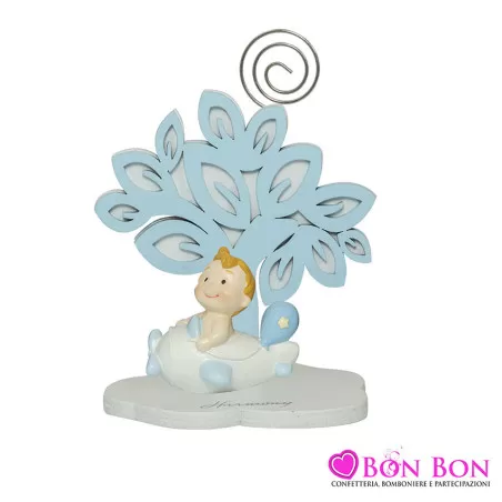 Bomboniera nascita e battesimo portafoto con clip albero della vita con bimbo celeste resina Harmony - 3