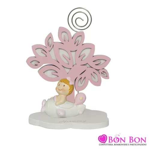 Bomboniera nascita e battesimo portafoto con clip albero della vita con bimba rosa resina Harmony - 1