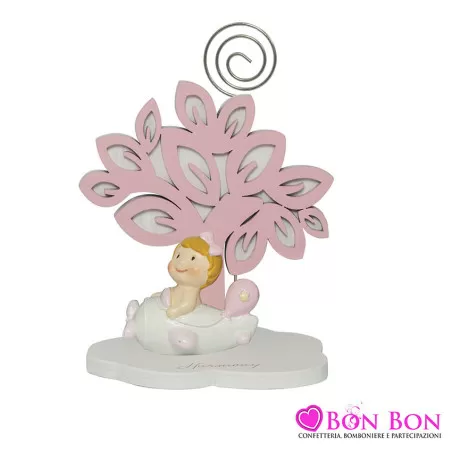 Bomboniera nascita e battesimo portafoto con clip albero della vita con bimba rosa resina Harmony - 1