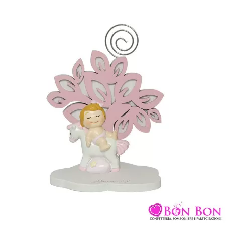 Bomboniera nascita e battesimo portafoto con clip albero della vita con bimba rosa resina Harmony - 2