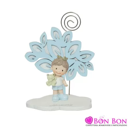 Bomboniera nascita e battesimo portafoto con clip albero della vita con principe celeste resina Harmony - 1