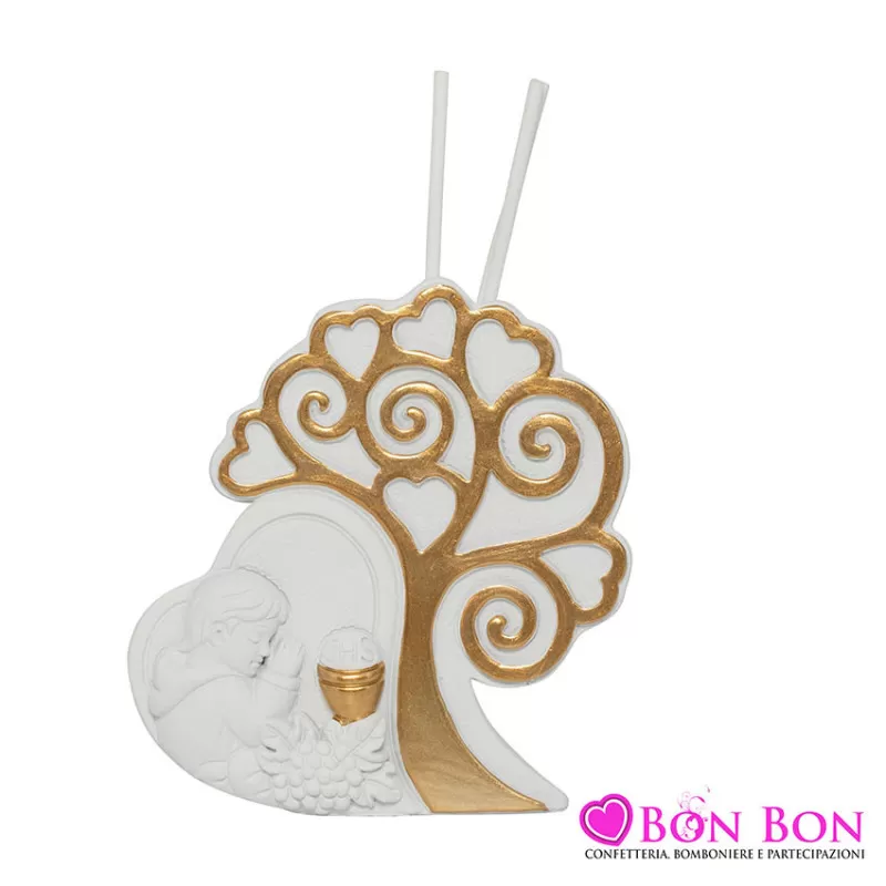 Bomboniera prima comunione diffusore albero della vita e cuore c-bimbo in preghiera dorato-bianco resina Harmony - 1