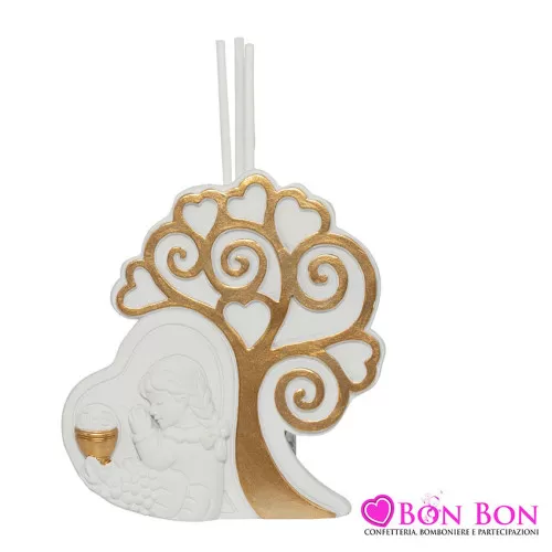Bomboniera prima comunione diffusore albero della vita e cuore c-bimba in preghiera dorato-bianco resina Harmony - 1
