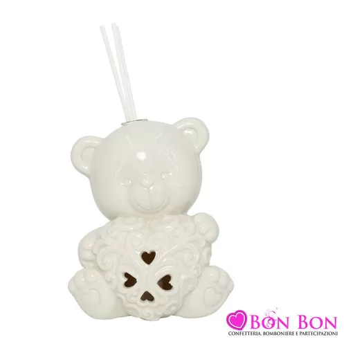 Bomboniera prima comunione diffusore orsetto c-cuore c-led bianco porcellana Harmony - 1