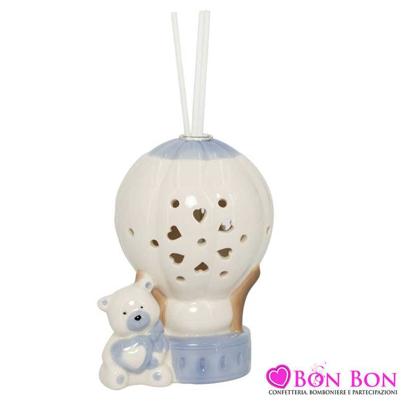 Bomboniera Portafoto Mongolfiera Orsetto Celeste - Soprammobile Legno Per Nascita E Battesimo Made In Italy - Foto 2