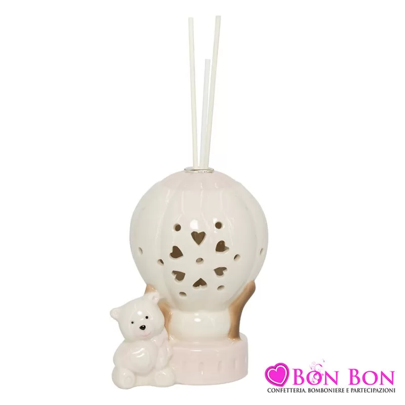 Bomboniera nascita e battesimo diffusore orsetto in mongolfiera c-led bianco-rosa porcellana Harmony - 1