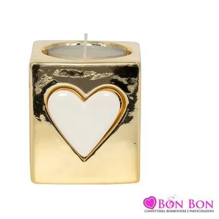 Bomboniera matrimonio harmony portacandela small con motivo cuore bianco-oro ceramica Harmony - 1