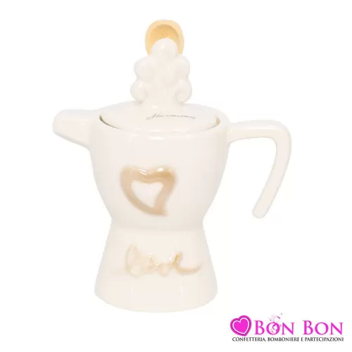 Bomboniera matrimonio harmony zuccheriera a forma di moka cuore&love bianco-beige porcellana Harmony - 1