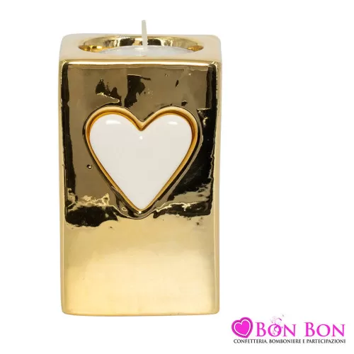Bomboniera matrimonio harmony portacandela large con motivo cuore bianco-oro ceramica Harmony - 1