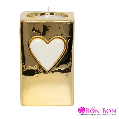 Bomboniera matrimonio harmony portacandela large con motivo cuore bianco-oro ceramica Harmony - 1