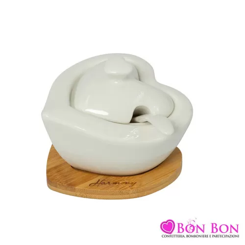Bomboniera matrimonio harmony zuccheriera cuore bianco ceramica c-base in bamboo Harmony - 1