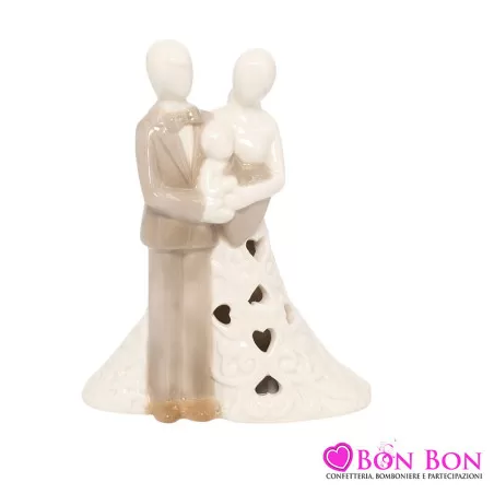 Bomboniera matrimonio harmony famiglia traforata c-cuori e led bianco-tortora porcellana Harmony - 1