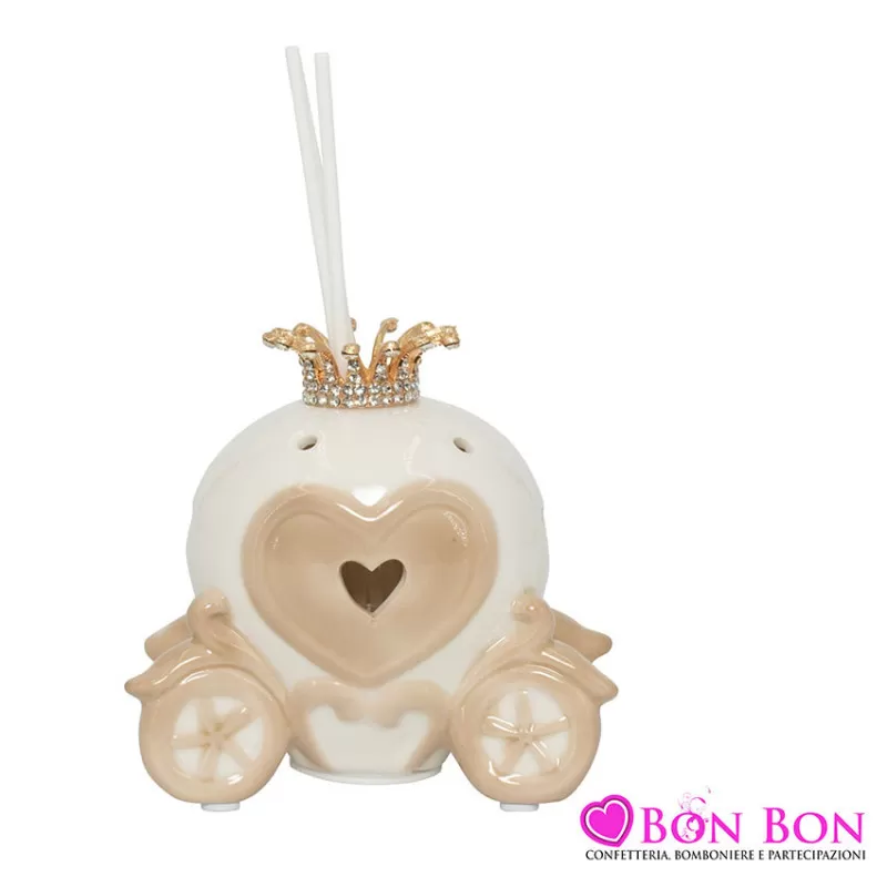 Bomboniera matrimonio harmony profumatore c-led carrozza bianco-tortora c-coroncina dorata porcellana Harmony - 1