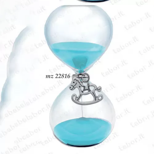 Bomboniera nascita e battesimo clessidra con pendente cavalluccio a dondolo celeste Tabor - 1