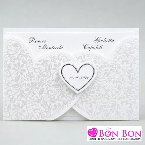 Partecipazione matrimonio E046 fodera fiori perlati a forma di cuore argento Alessia Partecipazioni - 1