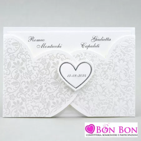 Partecipazione matrimonio E046 fodera fiori perlati a forma di cuore argento Alessia Partecipazioni - 1