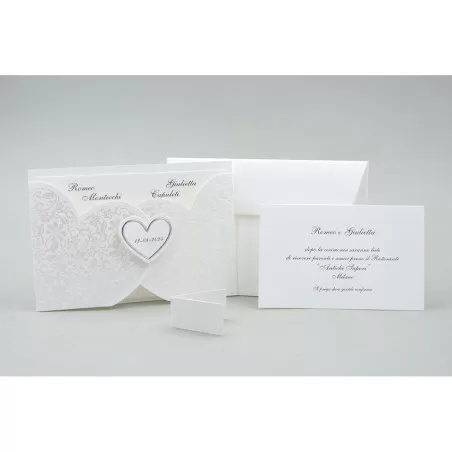 Partecipazione matrimonio E046 fodera fiori perlati a forma di cuore argento Alessia Partecipazioni - 2