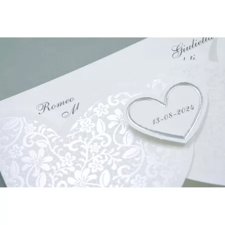 Partecipazione matrimonio E046 fodera fiori perlati a forma di cuore argento Alessia Partecipazioni - 3