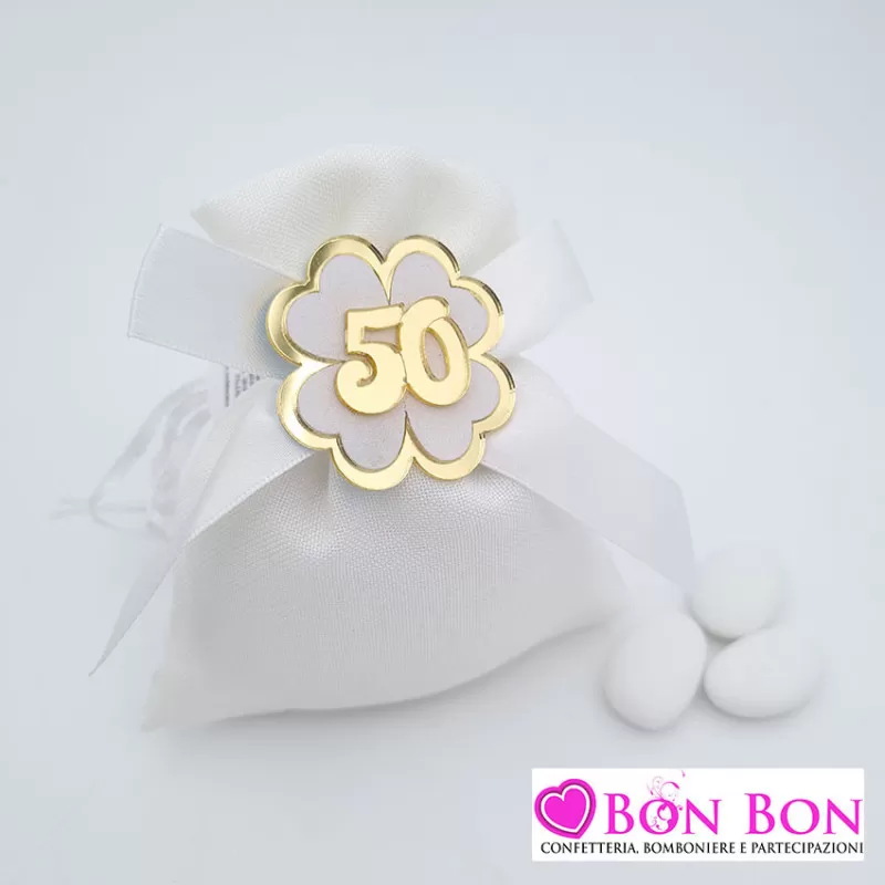 Sacchetto nozze d´oro panna con applicazione quadrifoglio 50 - 1