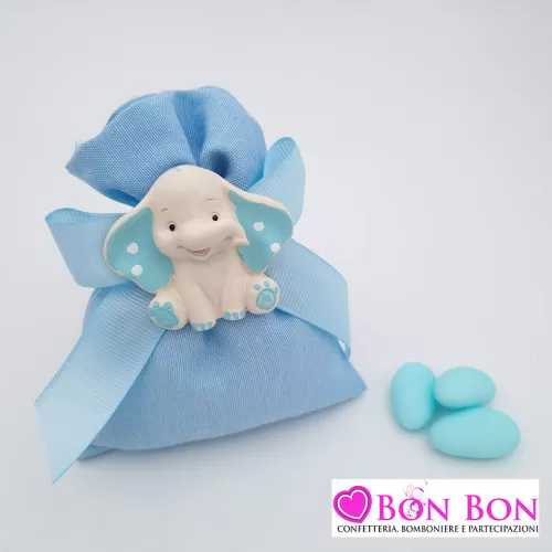 Sacchetto porta confetti nascita e battesimo celeste con magnete elefante Royal Gifts - 1