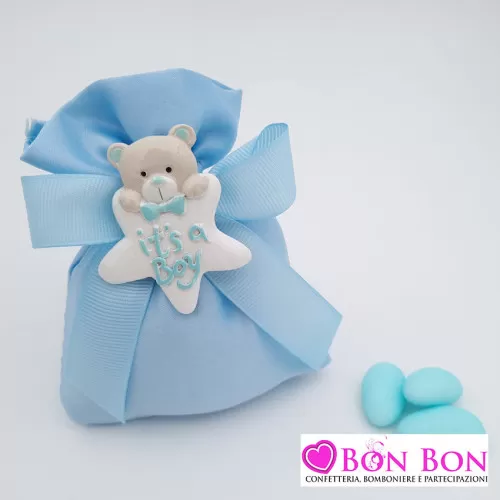 Sacchetto porta confetti nascita e battesimo celeste con magnete orsetto Royal Gifts - 1