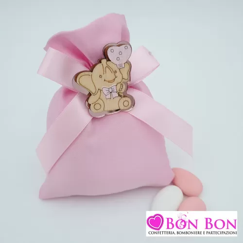 Sacchetto porta confetti nascita e battesimo rosa con magnete elefante e plex Royal Gifts - 1