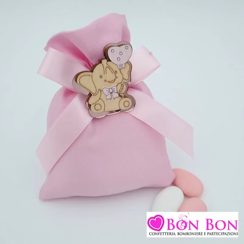 Sacchetto porta confetti nascita e battesimo rosa con magnete elefante e plex Royal Gifts - 1