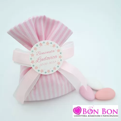 Sacchetto porta confetti nascita righe rosa e bianco con tag stelline Liete Creazioni - 1