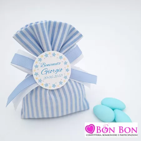 Sacchetto porta confetti nascita righe celesti e bianco con tag stelline Liete Creazioni - 1