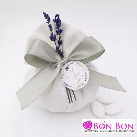 Sacchetto porta confetti matrimonio bustone in lino panna e lavanda - 1