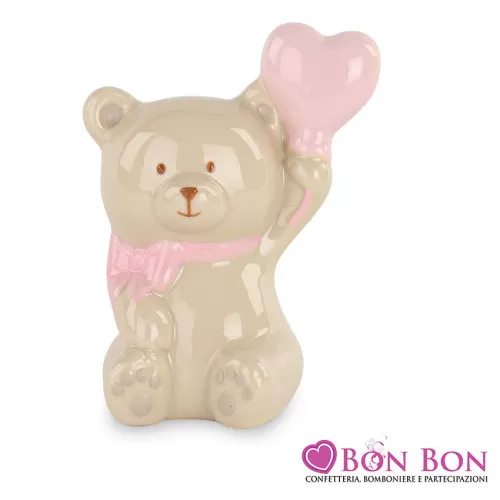 Bomboniera battesimo per bimba orsetto con cuore rosa Cupido - 1