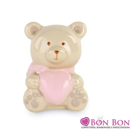 Bomboniera per battesimo orsetto in porcellana con cuore rosa - 1