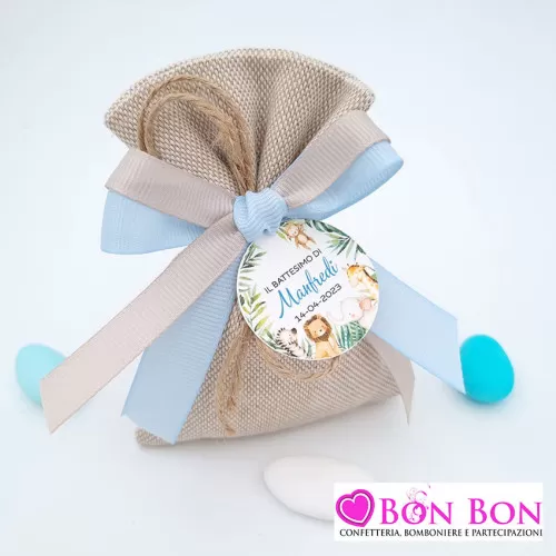 Sacchetto per battesimo maschio tela mare con tag animali savana Liete Creazioni - 1