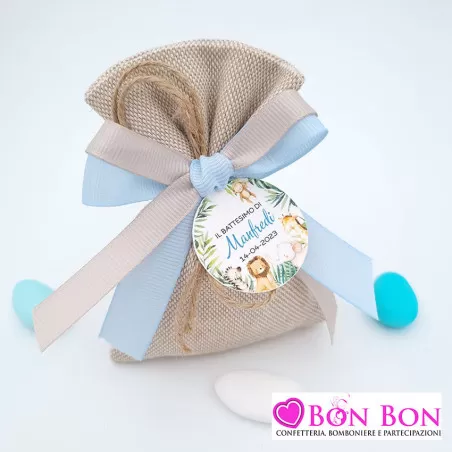 Sacchetto per battesimo maschio tela mare con tag animali savana Liete Creazioni - 1