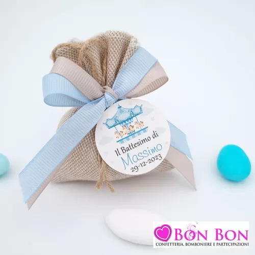 Sacchetto per battesimo maschio tela mare con tag giostra celeste Liete Creazioni - 1