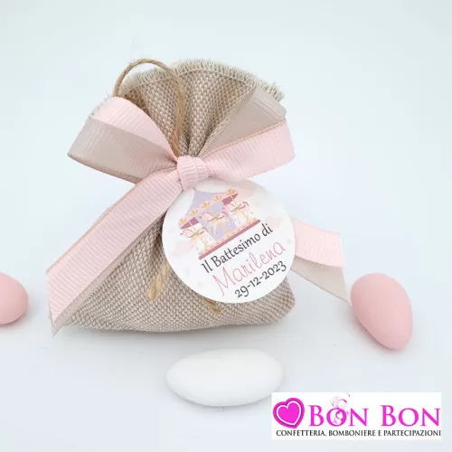 Sacchetto per battesimo femmina tela mare con tag giostra rosa Liete Creazioni - 1