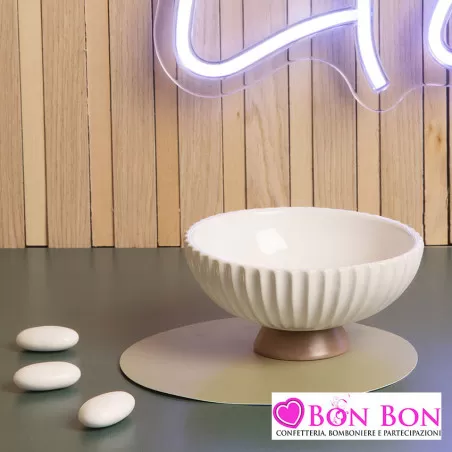 Bomboniera matrimonio alzatina plisse´ in porcellana bianca con base tortora misura piccola Claraluna - 1