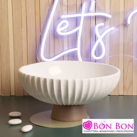 Bomboniera matrimonio alzatina plisse' in porcellana bianca con base tortora misura grande Claraluna - 1