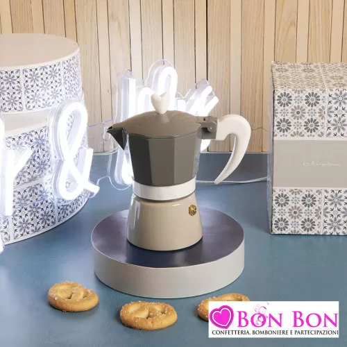 Bomboniera matrimonio caffettiera misura piccola in metallo bianca e tortora Claraluna - 1