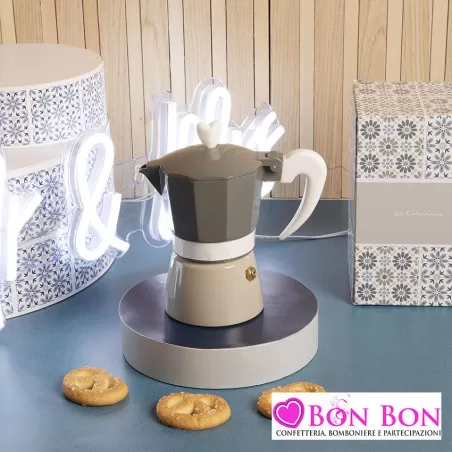 Bomboniera matrimonio caffettiera misura piccola in metallo bianca e tortora Claraluna - 1