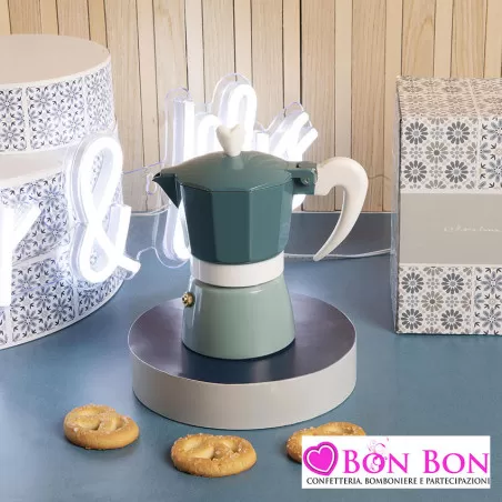 Bomboniera matrimonio caffettiera misura piccola in metallo bianca e ottanio Claraluna - 1