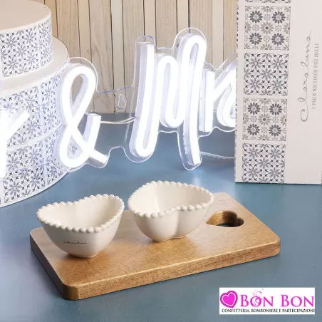 Bomboniera matrimonio antipastiera con vassoio in legno 2 ciotole Claraluna - 1