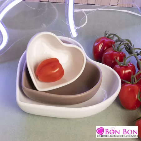 Bomboniera matrimonio tris ciotole cuore bianca e tortora Claraluna - 1