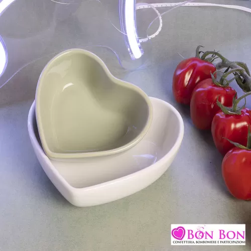Bomboniera matrimonio set ciotole cuore bianca e verde Claraluna - 1