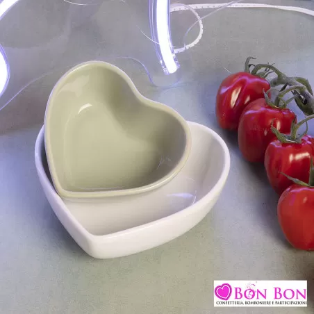 Bomboniera matrimonio set ciotole cuore bianca e verde Claraluna - 1