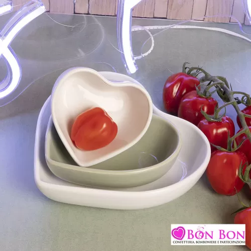 Bomboniera matrimonio tris ciotole cuore bianca e verde Claraluna - 1