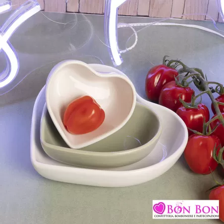 Bomboniera matrimonio tris ciotole cuore bianca e verde Claraluna - 1